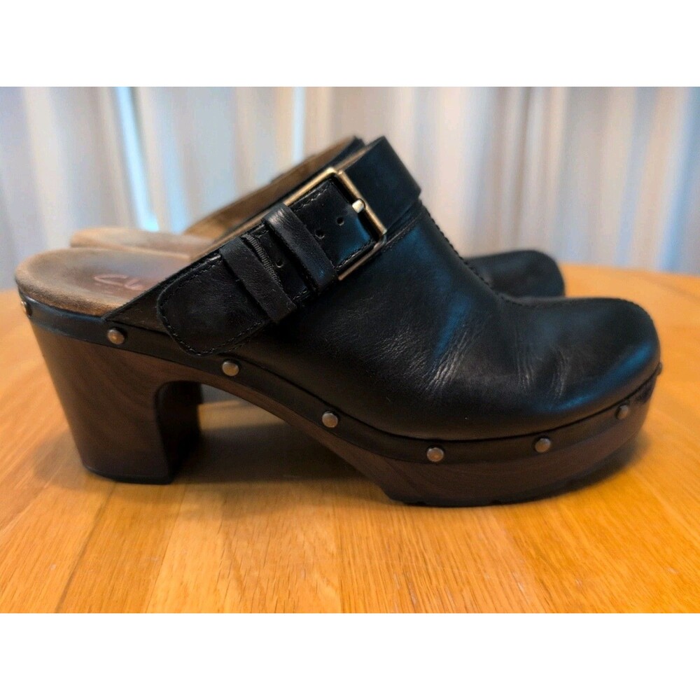 Clarks Artisan Womens Clogs Black Leather Buckle & Studs US Size 9 M